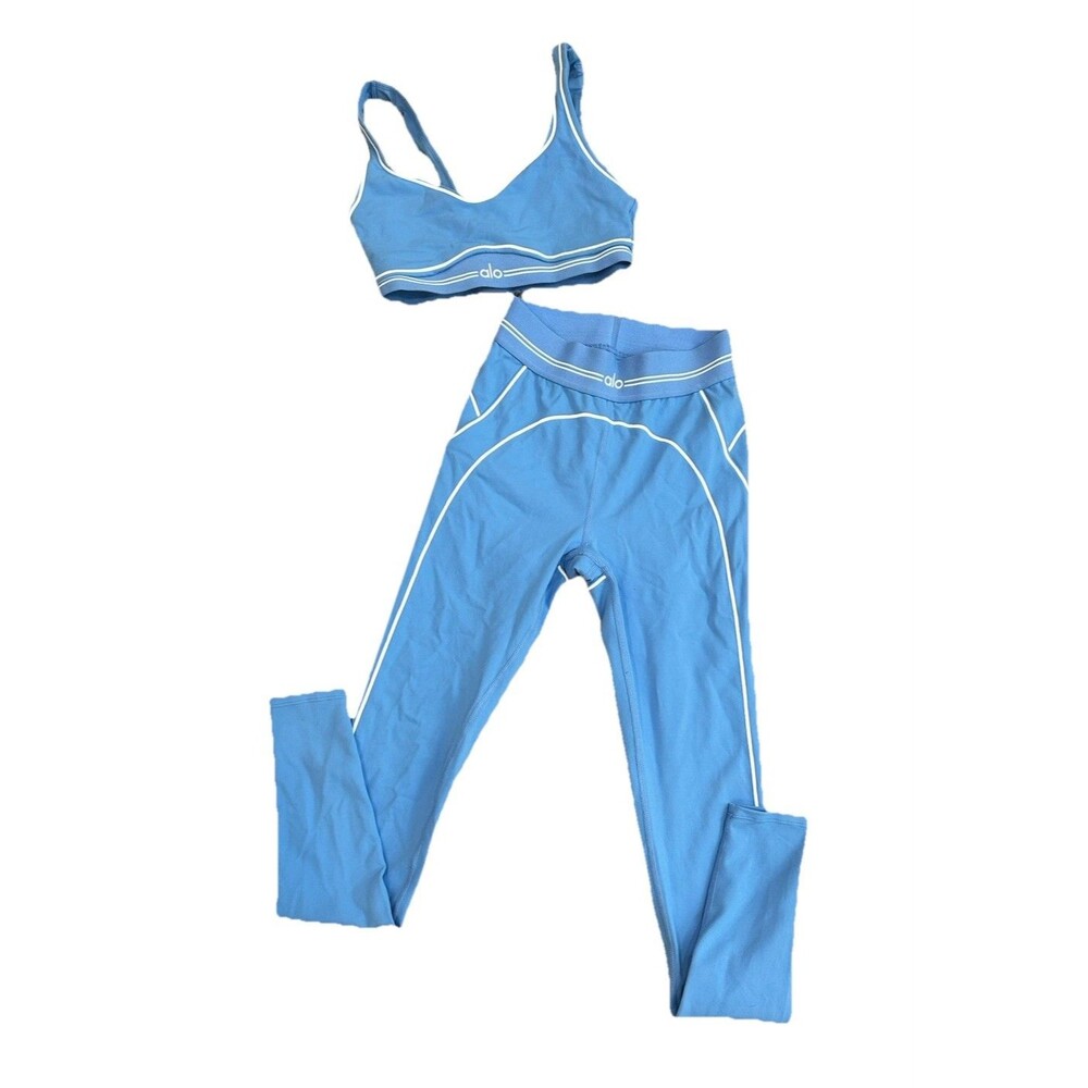 Alo Yoga Crystal Clear Blue Airbrush Heart Throb Set Leggings Bra